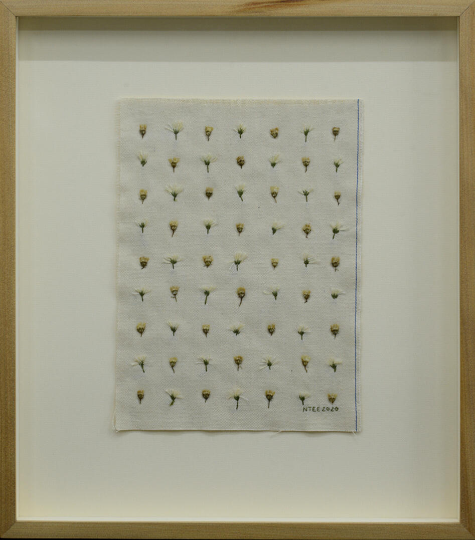 Flower Arrangements - Dried flowers and embroidery on canvas - 16.5 x 14.5 inches (FS) (each) - 2020 for "ALT Philippines 2020" (photo courtesy of West Gallery)