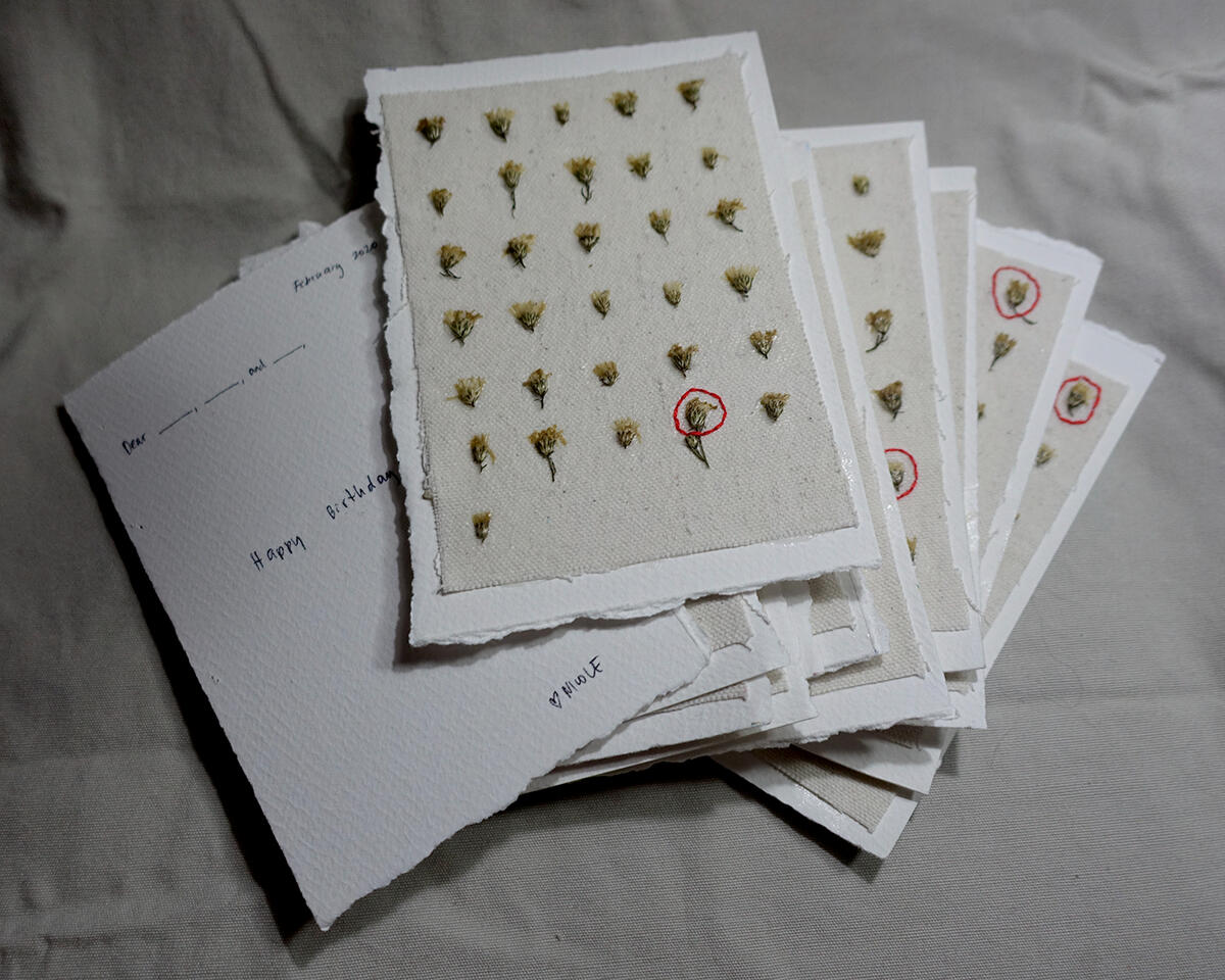 Happy Birthday 2020 - Dried flowers, thread, canvas and pen on paper - 6 x 4 inches (each) - 2019 for "Anyway Anyhow Anywhere", Underground Gallery