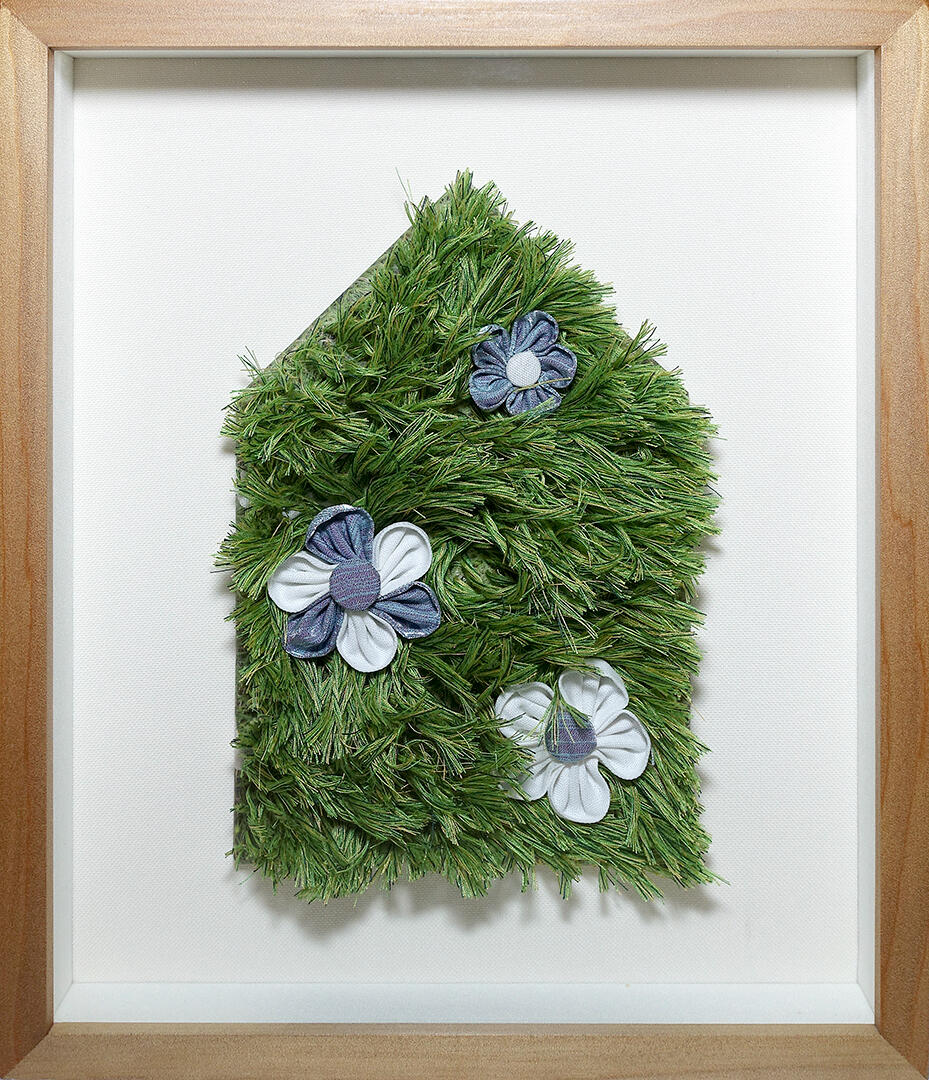 A House with White and Blue Blooms - Thread, textile, and photo transfer - 8.5 x 6 inches, 12.5 x 10.75 inches (FS) - 2022