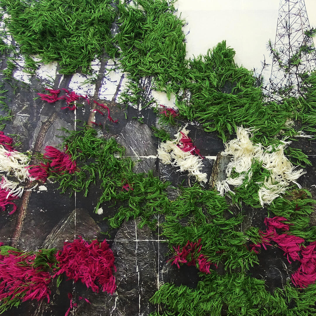 Recovery during Springtime (After Kiitty Kaburo) - Thread and photo transfer on linen - 3 x 3 feet - 2022