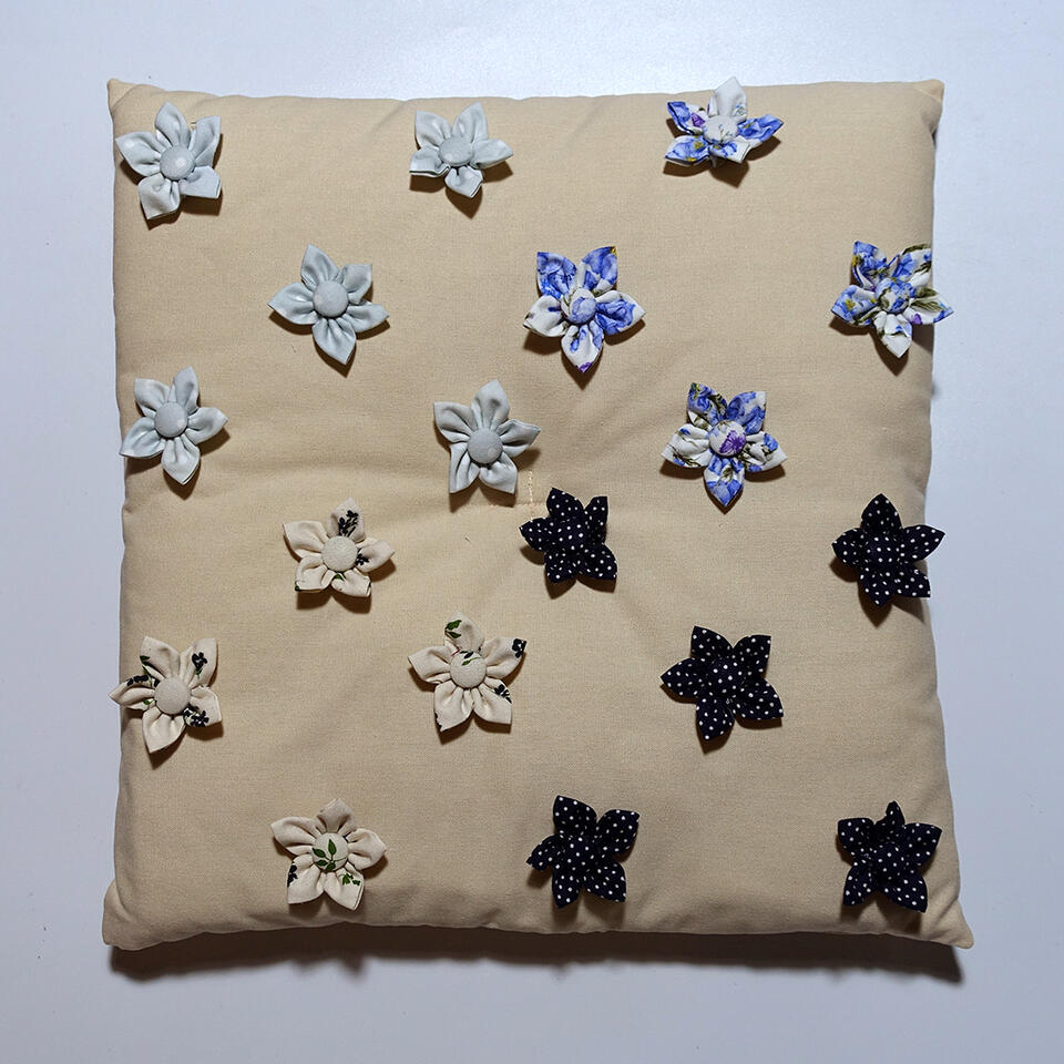 Flower Bed - Fabric flowers on cotton linen and fiberfill - 14 x 14 inches - 2023