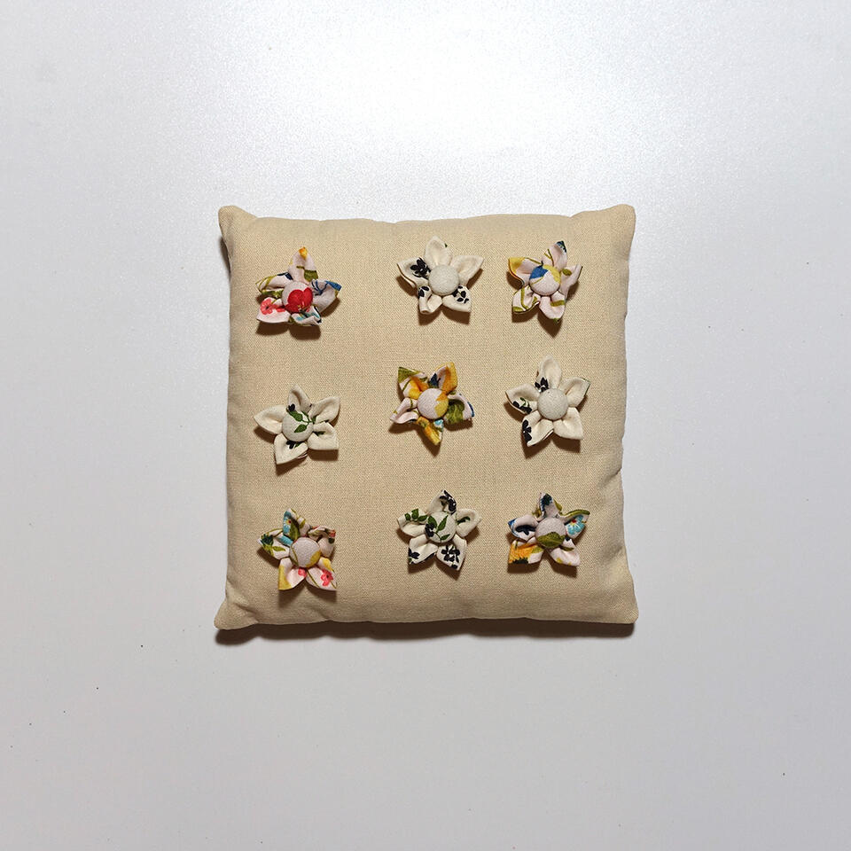 Flower Bed - Fabric flowers on cotton linen and fiberfill - 7 x 7 inches - 2023