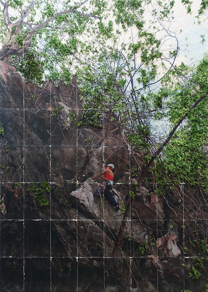 Weekends at Wawa: Belle Approaching the Crux at Show Boulevard - Thread and photo transfer on linen - 7 x 5 feet - 2025