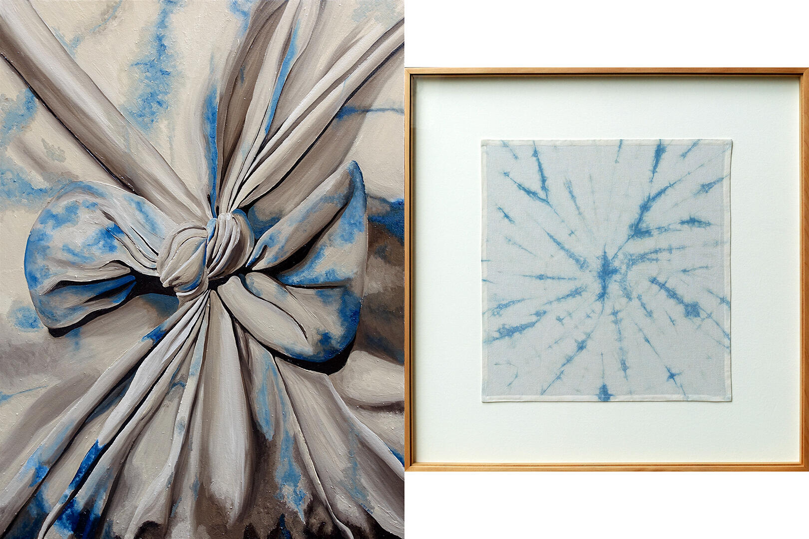 Wrapping and Unwrapping (Indigo) - Oil on canvas, Naturally-dyed fabric - 4 x 3 feet, 36.75 x 36.75 inches - 2024 for "When Things Are Quiet", Mark Bumgarner Studio